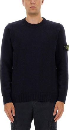 Stone Island Fitted Black Wool Jersey With Crew Neckline