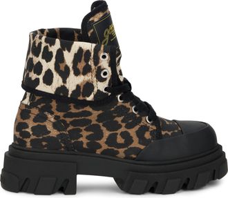 Ganni Womens Ankle Boots Leopard Print Almond Milk Cotton