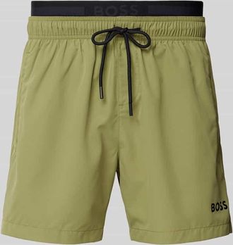 HUGO BOSS Relaxed Fit Badeshorts mit Label-Print Modell AMUR in Khaki, Größe XXL