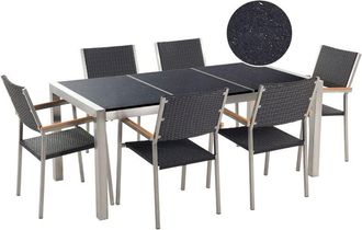 Beliani Conjunto De Comedor De Jard&iacute;n Negro Con Mesa 180 X 90 Cm De Granito Negro 6 Sillas De Rat&aacute;n Grosseto