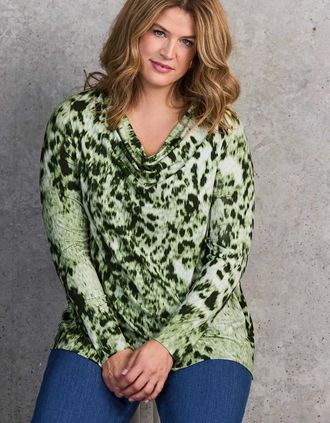 Live Unlimited London Womens Green Abstract Print Jersey Cowl Neck Top - Size: 22