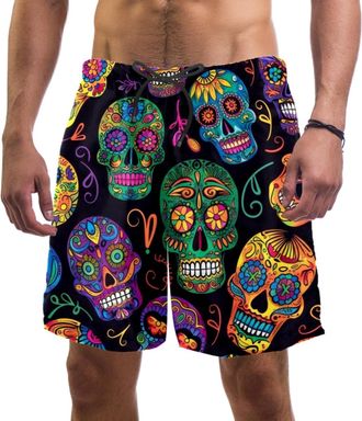 Generic Mens Swim Shorts with Pockets Quick Dry 3D Print Swimming Trunks Day of The Dead Skulls Aesthetic Pattern Casual Surf Board Shorts for Summer Multicol