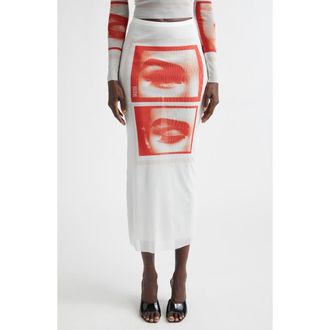 Jean Paul Gaultier Re-Edition Eyes & Lips Print Mesh Maxi Skirt in White/Red/Light Orange at Nordstrom, Size X-Small