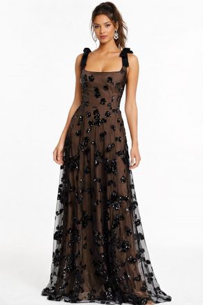 Dress The Population Sequin Floral Illusion Tulle Gown In Black