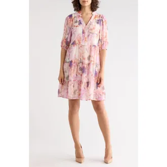 Sandra Darren Print Tiered Dress in Ivory/Lilac at Nordstrom Rack, Size X-Large