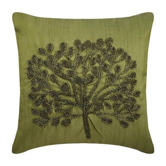 OEM Funda De Almohada Verde, Cuadrada De Seda De 35,5 X 35,5 Cm, Decorada Con Motivos Florales Tropicales Y De &Aacute;rboles Bordados Con Cuentas