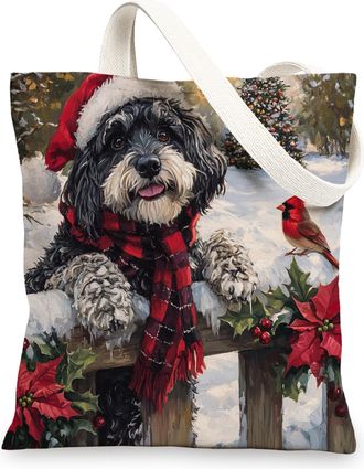 Generic Christmas Portuguese Water Dog Canvas Tote Bag for Shopping 13x15, Xmas Farmhouse Cardinal Puppy Reusable Grocery Print Bag for Women Men, Holiday Pet