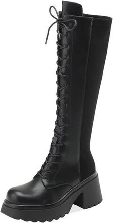 Generic Womens Knee-High Lace-Up Boots PU Leather Suede Mix Side Zipper Thick Platform Soles Round Toe Soft Lining Cushioned Insole Durable Outsole,Black,4.5 