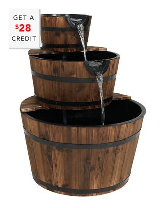 Sunnydaze Rustic 3-Tier Wood Barrel Outdoor Water Fountain Garden Feature With $28 Credit