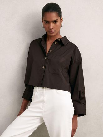 Reiss Chocolate Brown Oversize Cotton Cropped Shirt, 16