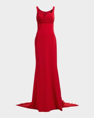 Elie Saab Sleeveless Empire-Waist Silk Cape Trumpet Gown