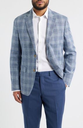 Nordstrom Henrik Trim Fit Plaid Slub Linen & Cotton Blend Sport Coat in Blue Enzo Plaid at Nordstrom, Size 36 Regular