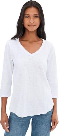 Mod-o-doc 3/4 Sleeve V-Neck Curved Hem T-Shirts Shirt Womens Clothing White Halo : MD (US 8-10), Cotton