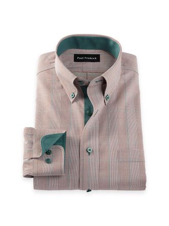 Paul Fredrick Slim Fit Comfort Stretch Non-iron Plaid Dress Shirt With Contrast Trim