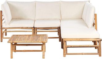 Beliani Conjunto esquinero modular de jardín de 6 piezas 5 plazas con sofá y mesa de centro de bambú natural cojines blanco crema Cerreto