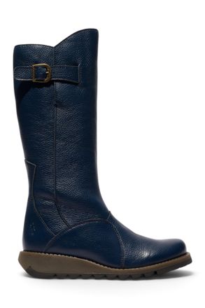 FLY London Dames kniehoge leren laarzen met sleehak in marineblauw - MOL2
