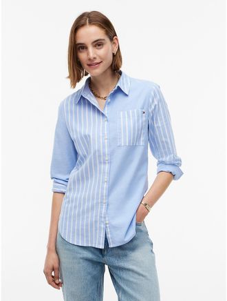 Tommy Hilfiger Womens Mixed-Stripe Stretch Oxford Shirt - Blue Spell - XXL