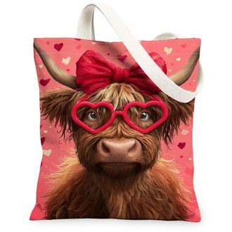 Generic ValentineS Day Animal Canvas Tote Bags, Cute Cow Heart Pattern Reusable Bags, Fun Lightweight Washable Shoulder Strap Canv, Peach, 13x15 Inch