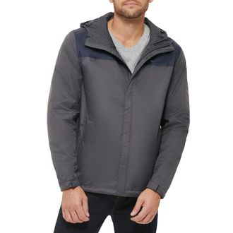 Tommy Hilfiger Mens Legacy Lightweight Breathable Waterproof Hooded Rain Jacket, Charcoal/Navy Colorblock, S