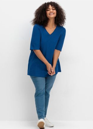 Sheego T-Shirt SHEEGO T-Shirt, Damen, Gr. 56, blau (blaubeere), 95% Baumwolle, 5% Elasthan, unifarben, V-Ausschnitt, Shirts T-Shirt