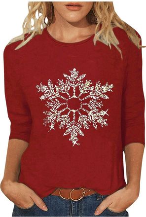 Generic Christmas T Shirts Women Light Up Christmas Tree Printed Tops Glitter Red Wine Glass Xmas Shirts Snowflake Crewneck Blouse Casual Pullover 3/4 Sleeve 
