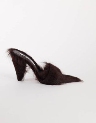 Topshop Willa mule con tacco a cono in pelle vera effetto pelo color cioccolato-Neutro
