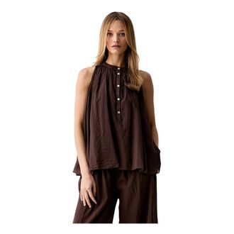 Vicolo Tops, Dames, Bruin, M, Katoen, Blouse met opstaande kraag