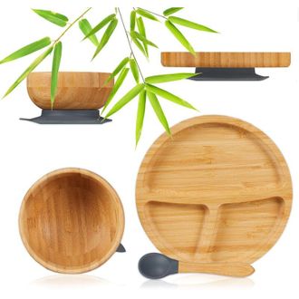Relaxdays Relaxdays Toddler Tableware Set, with Suction Cup, Plate, Bowl & Spoon, Bamboo, Divided, Baby-Led Weaning, Natural/Grey