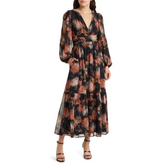 Chelsea28 Split Long Sleeve Tiered Dress in Black- Red Willow Drift at Nordstrom, Size Medium