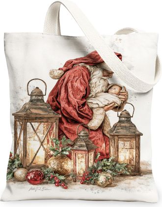 Generic Holiday Vintage Canvas Tote Bags, Rustic Lanterns Christmas Design Reusable Grocery Bags, Lightweight Washable Shoulder Str, White, 13x15 Inch