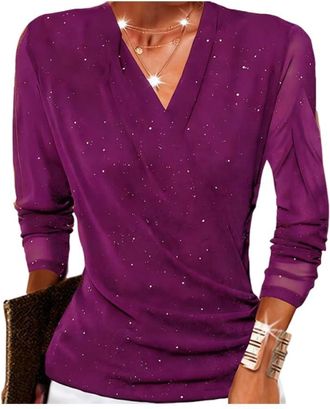 Generic Womens Sparkle Crossover V-Neck Long Sleeve Top, Black Blouses for Women, Black Tunic Tops for Women (Purple,5XL)