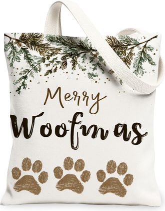 Generic Merry Paw Print Canvas Tote Bags, Greenery Pattern Reusable Grocery Bags, Winter Rustic Washable Shoulder Strap for Travel, White, 13x15 Inch