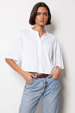 bobi Womens Yoke Henley Blouse In White