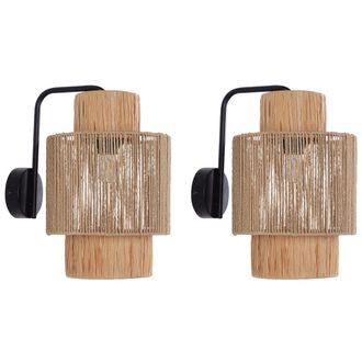 Beliani Conjunto De 2 L&aacute;mparas De Pared Rafia Hoja De Palma Cuerda De Papel Hecho A Mano Base De Metal Estilo Boho Natural Jamma