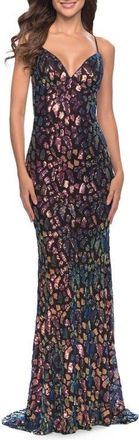 La Femme Multi Color Print Sequin Dress with Lace Up Back in Black at Nordstrom, Size 14