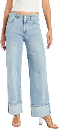 Tractr Floral Embroidery Wide Crop With Cuff Jeans In Light Indigo