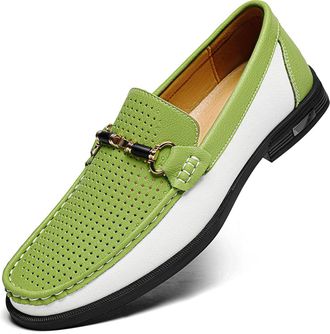 Generic Mens Leather Dress Loafers Classic Slip-on Penny Loafer Moccasins with Metal Buckle Two-Tone Casual Walking Business Driving Shoes (11.5,Green Hollow)