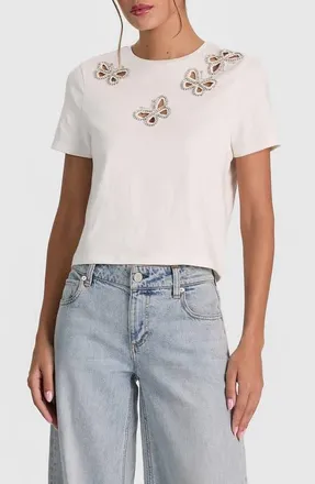 Alice & Olivia Cindy Embellished Cropped Tee in Off White/silver Crystal at Nordstrom, Size X-Large