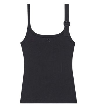 Courr&egrave;ges Black Solid Scoop Neck Top