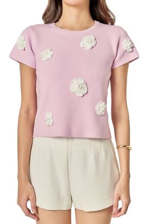 English Factory Floral Ebellished Short Sleeve Knit Top in Lilac/White at Nordstrom, Size X-Small