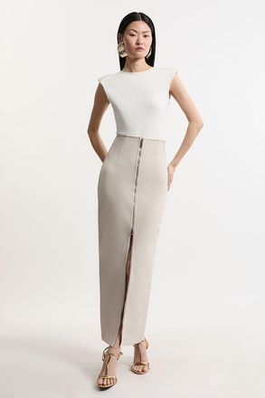Karen Millen Womens Figure Form Bandage Knit High Waisted Zip Detail Maxi Skirt - Beige - Size X-Small