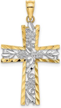 Diamond2Deal 14k Yellow Gold Rhodium Diamond-Cut Flower Design Cross Charm