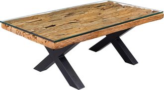 Global Interiors Massiver Design Couchtisch shark X 110 x 60 cm - recyceltes Teakholz inkl Glasplatte