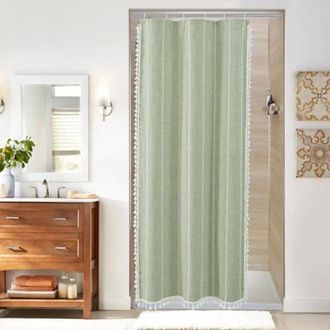 OEM Mini Cortina De Ducha De Estilo Bohemio En Color Verde Salvia, De 91 X 183 Cm, De Poli&eacute;ster Y Lino Con Borlas, Perfecta Para La Decoraci&oacute;n De Ba&ntilde;os De