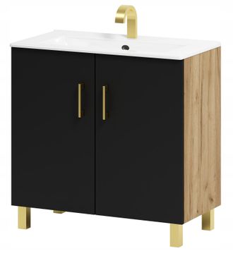 OEM Mueble De Ba&ntilde;o Viki 80 Con Lavabo, Roble Artesanal Negro/dorado