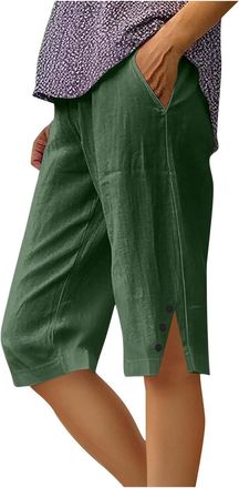 Generic Womens Shorts with Pockets Multipack Summer Cotton Linen Elasticated Waist Shorts with Pockets Wide Leg Lightweight Breathable Knee Length Pants Loose