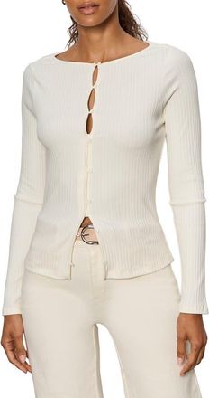Sanctuary Stripe Button Front Long Sleeve Rib Top in Collagen White at Nordstrom, Size X-Large