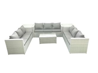 Fimous Rattan Garden Outdoor Furniture Set 9 Seater Garden Sofa Coffee Table Set with 2 Side Tables Light Grey Mixed