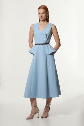 Karen Millen Womens Petite Compact Stretch Belted Peplum Detail Full Skirted Midi Dress - Pale Blue - Size 14 UK