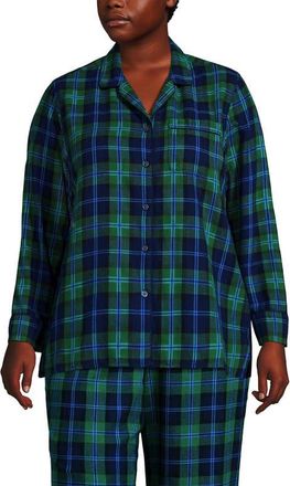 Lands End Plus Size Long Sleeve Print Flannel Pajama Top in Light Emerald Blackwatch at Nordstrom, Size 1X